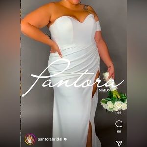 Plus Size White Pantora Stretch Satin Gown with extra length.